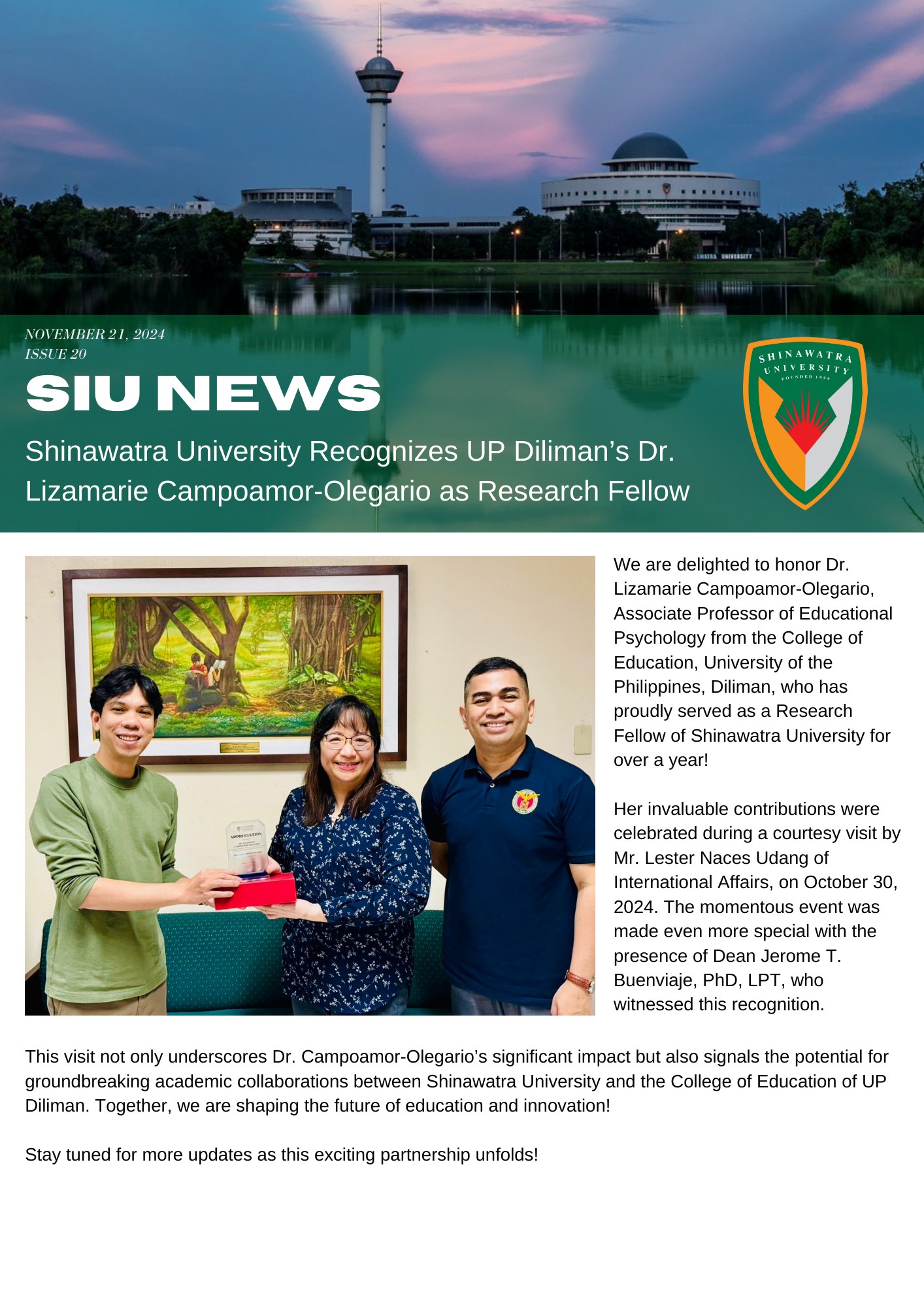 Shinawatra University Recognizes UP Diliman’s Dr. Lizamarie Campoamor-Olegario as Research Fellow